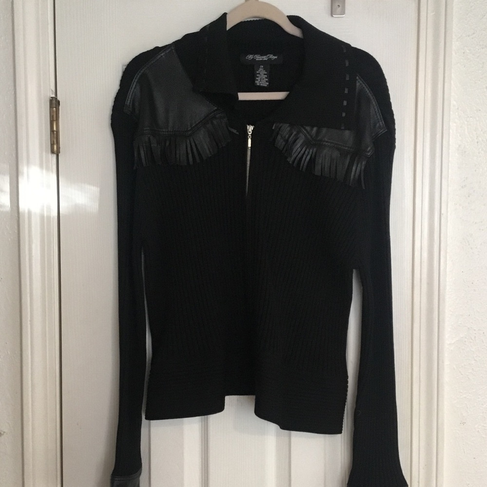 MY Favorite Things (Coleen Lopez) Black Zip-Up Ribbed Sweater & Leather Accents